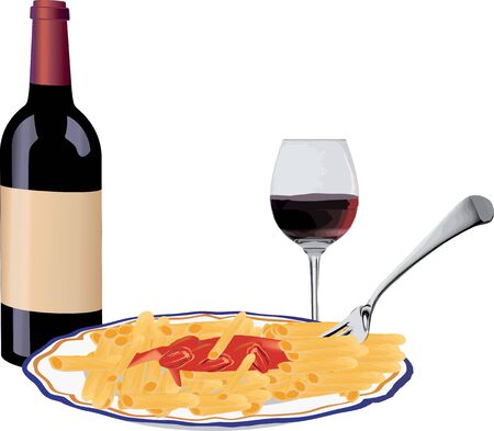 bottle of red wine with pastaのイラスト素材