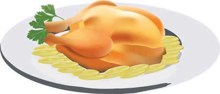 Roast chicken served on a plate with potatoes catering,のイラスト素材