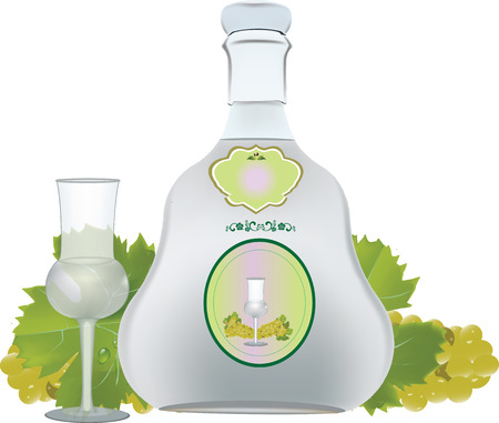 bottle and glass of brandy with white grapesのイラスト素材