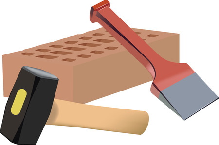 hammer mallet with terracotta brick and red chiselのイラスト素材