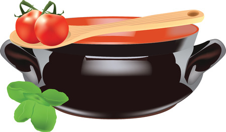 Tomatoes with clay dish garnished with basil and wooden spoon on white background.のイラスト素材