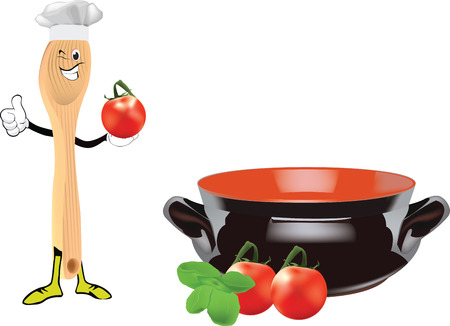 Tomatoes with clay dish garnished with basil and wooden spoon on white background.のイラスト素材