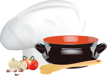 ingredients and utensils kitchen chef's hat and tomato pureeのイラスト素材