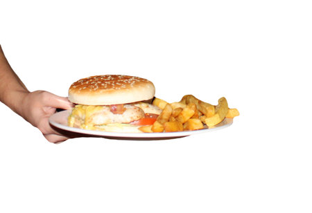 hand with plate with hamburger and chips