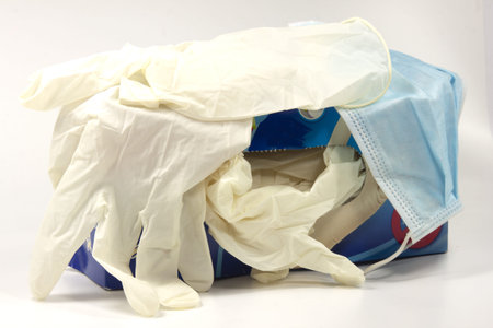 latex gloves with antivirus maskの写真素材