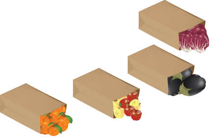 paper bag of organic bread containing seasonal fruits and vegetablesのイラスト素材