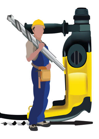 person in work suit with work tool on his shouldersのイラスト素材
