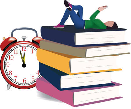 study time girl with a book and the red alarm clockのイラスト素材