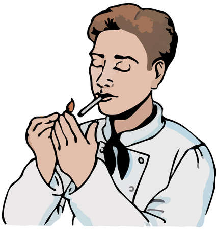 person in white uniform lighting up and smoking a white background cigaretteのイラスト素材