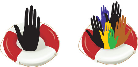 figures of human hands of various colors in the life buoy figures of human hands of various colors...