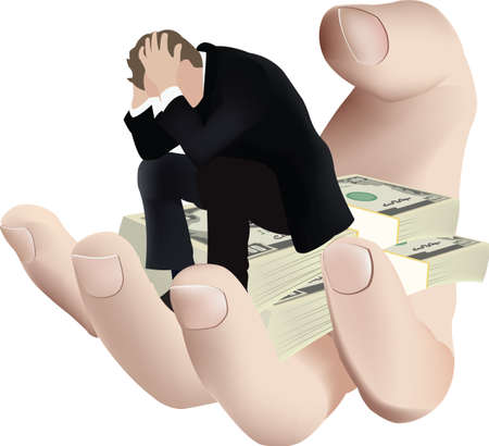 desperate person sitting over pile of currencyのイラスト素材