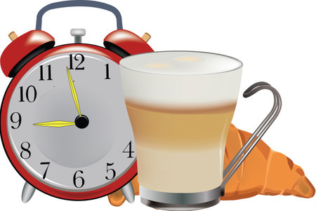 alarm clock coffee milk pasta morning breakfastのイラスト素材