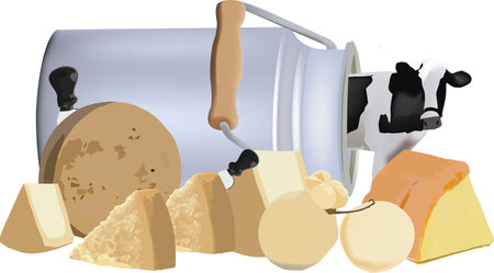 bovine coming out of the milk container and various cheesesのイラスト素材