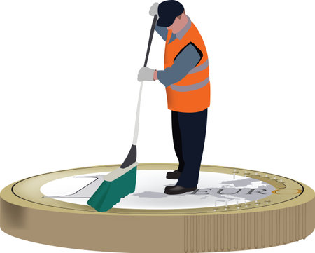 ecological operator with broom cleans euro coinのイラスト素材