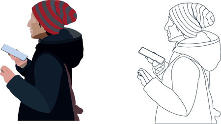 Girl with wool cap and cell phone Girl with wool cap and cell phoneのイラスト素材