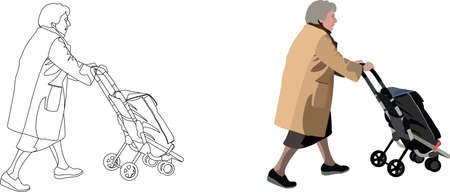 elderly person with stroller for groceriesのイラスト素材