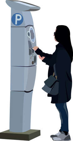 female person pays parking to the automatic machineのイラスト素材