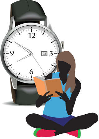 girl sitting with book in hand and clock behindのイラスト素材