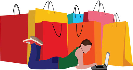 girl lying down with computer and paper packaging bagsのイラスト素材