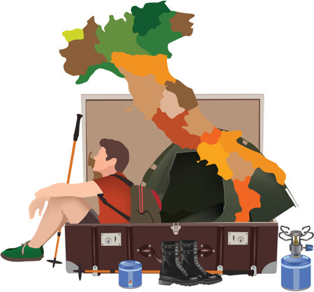 boy is embarking on a camping trip in Italyのイラスト素材