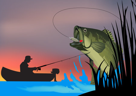 Landscape with fisherman with his prey by the lakeのイラスト素材