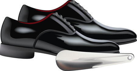 Polished black men's ceremonial shoe with shoehornsのイラスト素材