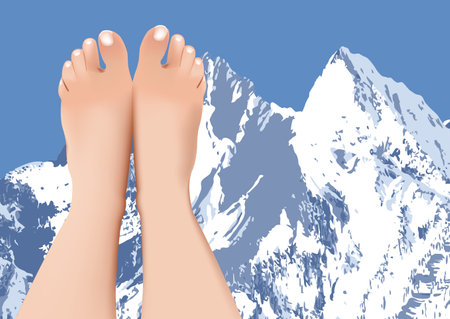 Vector of feet in front of a mountain range covered in snow, with a clear blue sky in the backgroundのイラスト素材