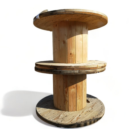 row of wooden reels filled with electrical cablesの写真素材