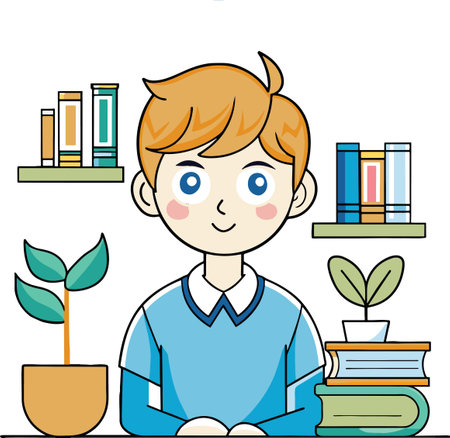 Child in front of desk with booksのイラスト素材