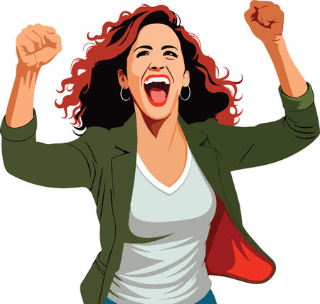 happy female figure raises fists to the skyのイラスト素材