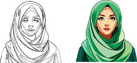 Vector illustration of a woman in a hijab, presented in both line art and color versionのイラスト素材