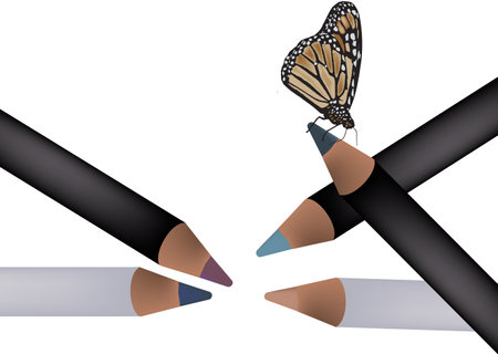 Realistic monarch butterfly perches delicately on a set of colored pencil tipsのイラスト素材