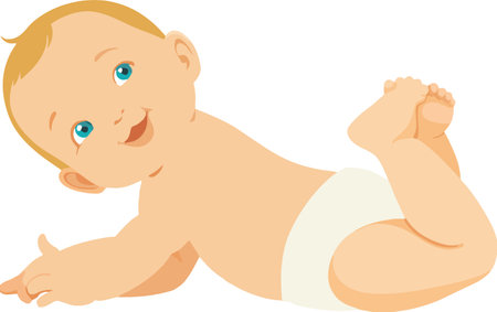 Vector illustration of a smiling baby, lying on its back wearing only a diaperのイラスト素材
