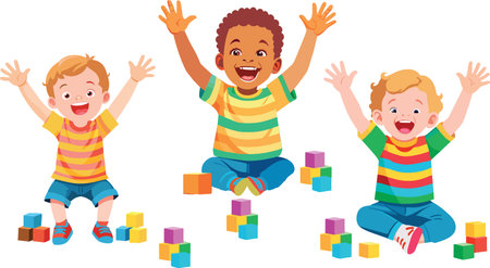 Three kids with joyful expressions playing together with colorful toy blocksのイラスト素材