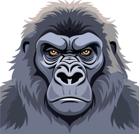 Detailed digital wildlife illustration of an intense gorilla portrait, showcasing the powerful gaze of this dominant primate in its natural African jungle habitatのイラスト素材