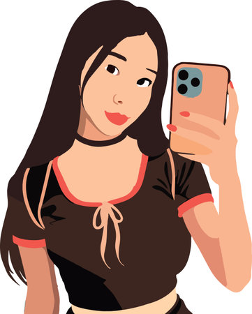 Illustration of a fashionable young woman posing for a selfie, holding a mobile phoneのイラスト素材