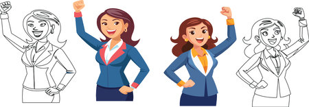 female characters in work clothes with fists raised to signify victory-のイラスト素材