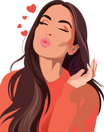 Stylish vector illustration of a woman blowing a kiss with hearts floatingのイラスト素材