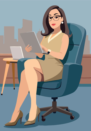 Illustrated professional woman in a red dress sitting on a chair and using a digital tablet-のイラスト素材