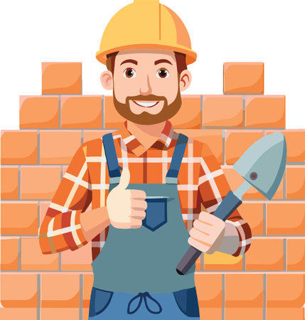 Cheerful builder in hard hat and apron giving a thumbs up in front of a newly built brick wallのイラスト素材