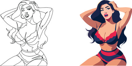 Illustration of a fashionable woman posing confidently in a two-piece swimsuitのイラスト素材