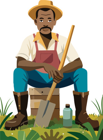 Illustration of an african farmer taking a break with his shovel in the fieldのイラスト素材