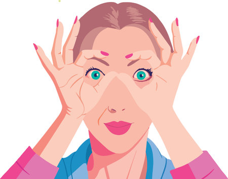Illustration of a woman making a telescopic gesture with her hands around eyesのイラスト素材