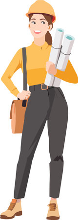 Confident young adult female architect wearing professional work attire and safety helmet, smiling...