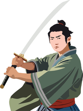 Illustration of a samurai in traditional attire holding a katana sword, ready for battleのイラスト素材