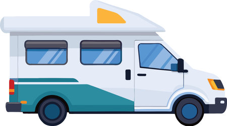 Illustration of a campervan with a beautiful mountain landscape backdropのイラスト素材