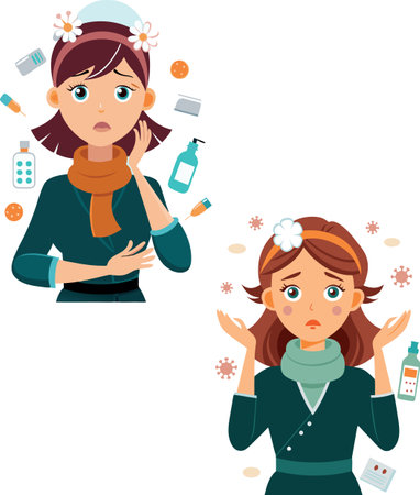 Young woman suffering from acne and oily skin choosing skin care treatmentのイラスト素材