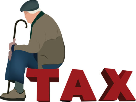 Senior citizen is sitting on the word tax and looking worriedのイラスト素材