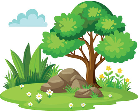 cartoon trees growing on green grass with rocksのイラスト素材
