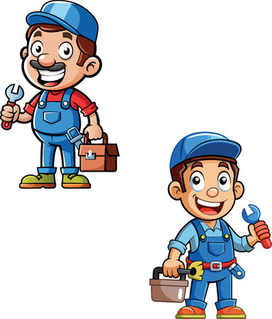Smiling cartoon plumber holding wrench and carrying toolboxのイラスト素材
